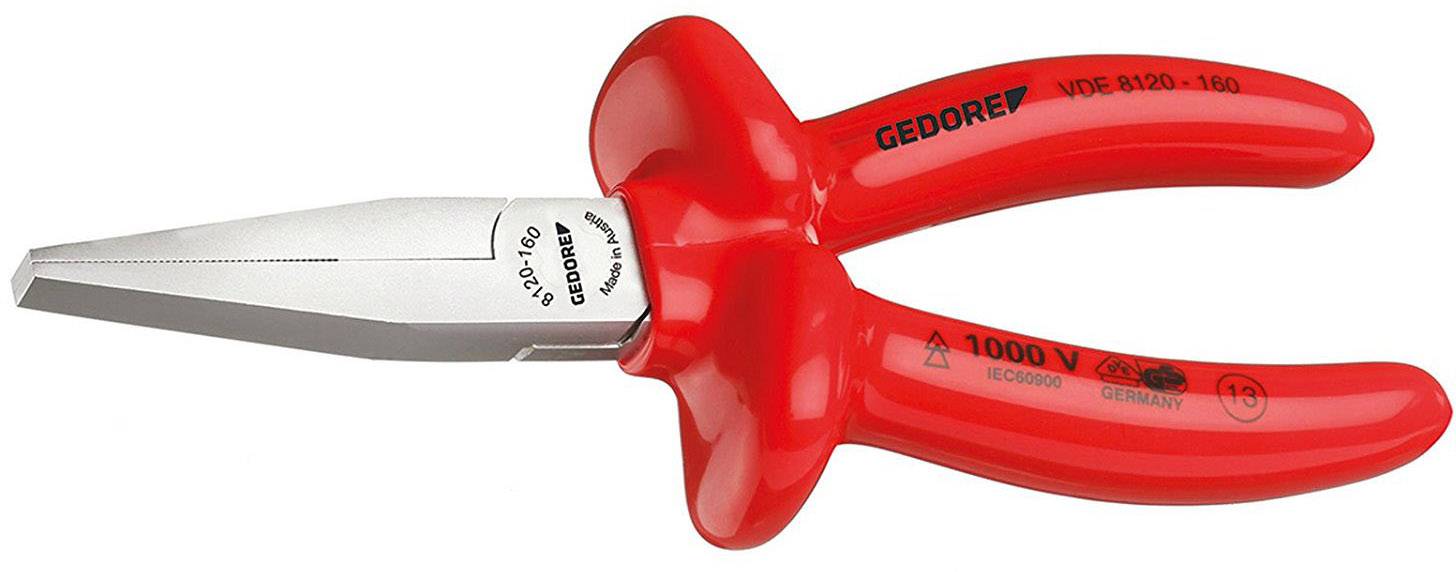Red combination pliers with insulated handles, marked with 'GEDORE' and '1000V', suitable for electrical work up to 1000 volts.