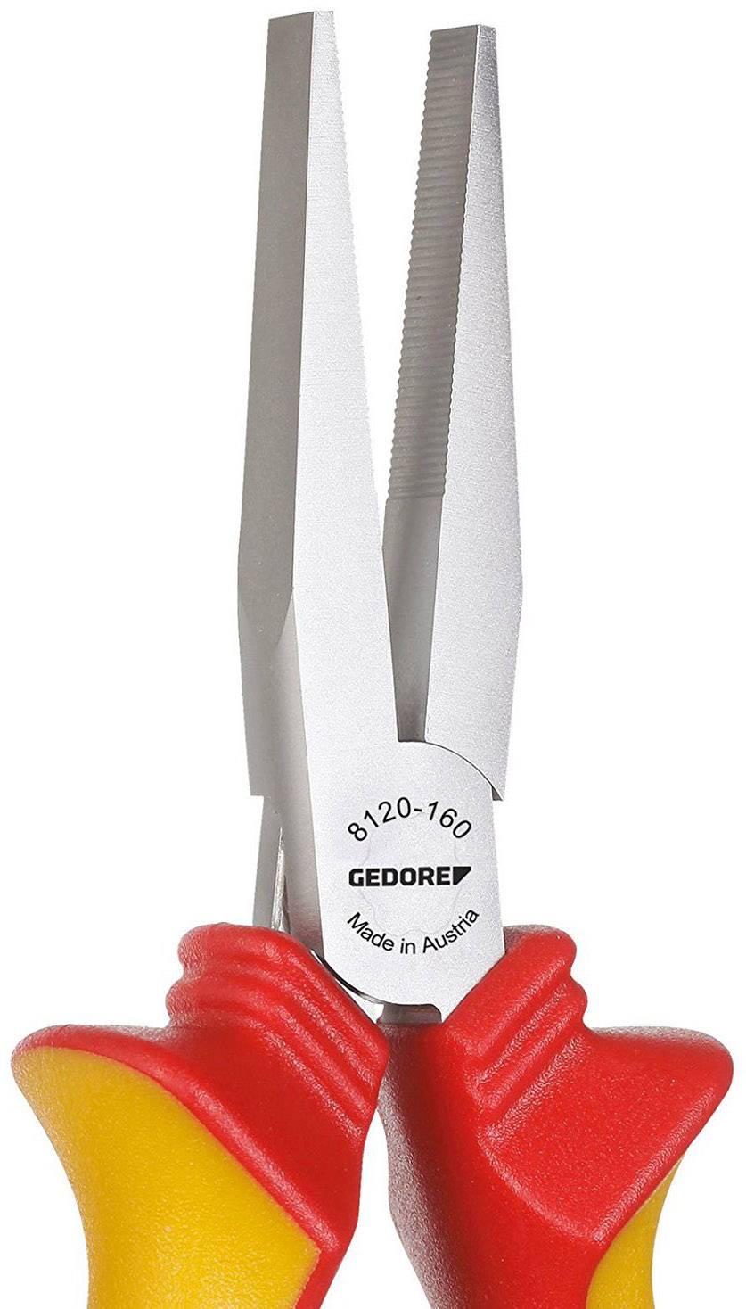 A long precision pliers with yellow and red handles, designed for fine work. Marking 'Gedore, Made in Austria'.