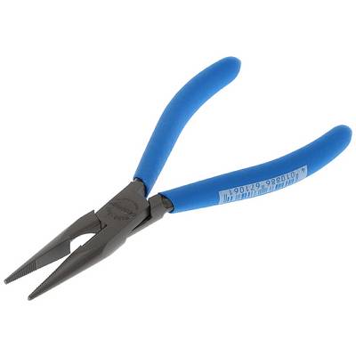 A pair of pliers with blue handles lies on a white background.