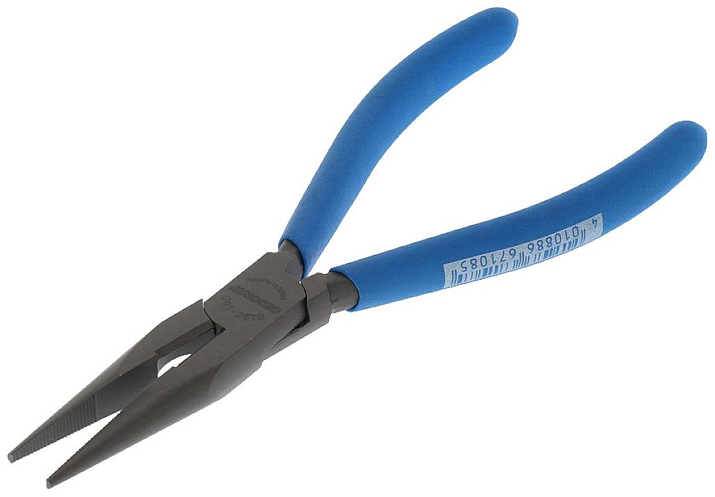 Blue ready-to-use pointed pliers, suitable for gripping and cutting smaller objects or wires, on a white background.