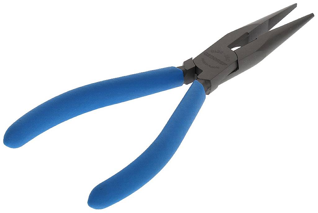A blue, long-nosed pliers for gripping and cutting wires or small objects.