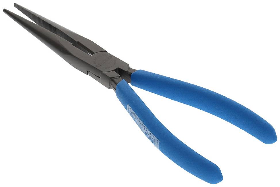 Pliers with blue handles and straight jaws, suitable for holding and bending wire and small objects.