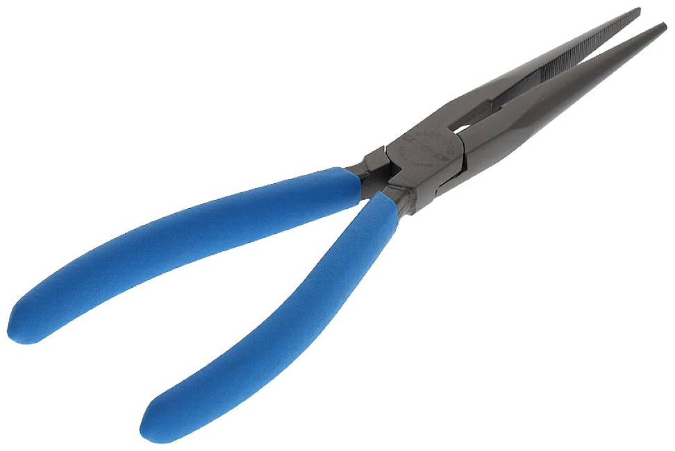Long pointed pliers with blue handles, suitable for precise work such as gripping or bending small wires and components.