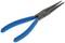 Long pointed pliers with blue handles, suitable for precise work such as gripping or bending small wires and components.