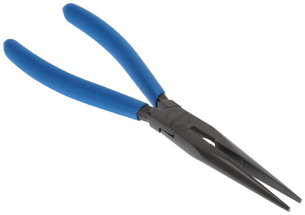 A long needle-nose pliers with blue handles is lying on a white surface. It is suitable for gripping and bending small objects.
