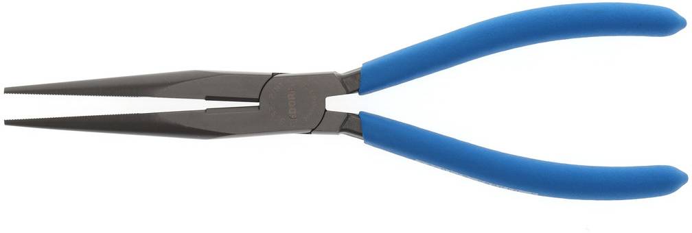 A pair of needle-nose pliers with blue handles, perfect for precise work in electronics or craftsmanship.