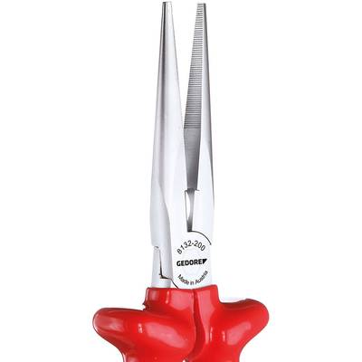 A flat round-nose pliers with red handles and narrow, long jaws, suitable for precise gripping and working in tight spaces.