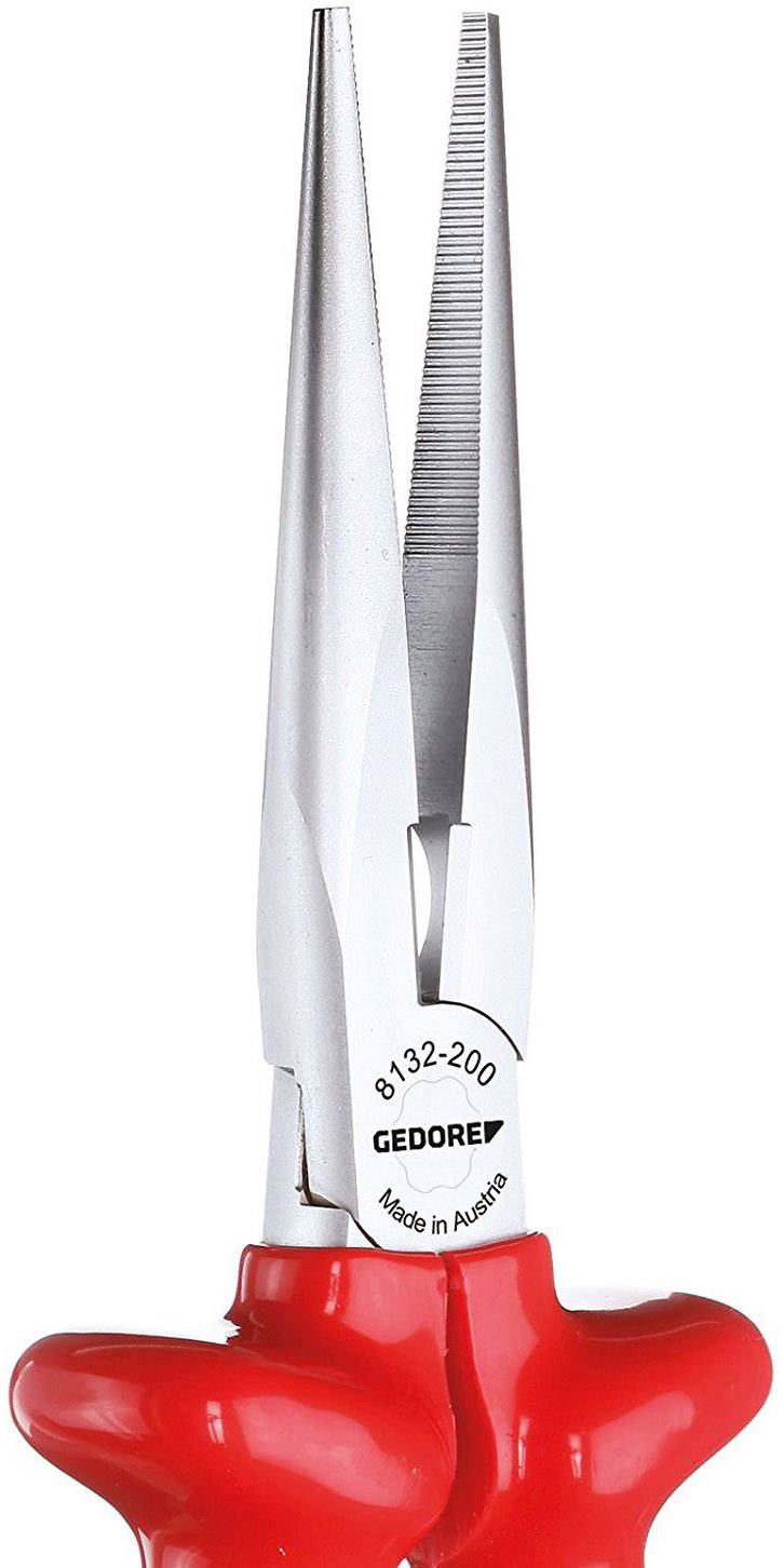 A red flat round pliers with narrow, silver-gleaming gripping jaws, shown with the inscription 'GEDORE' and 'Made in Austria'.