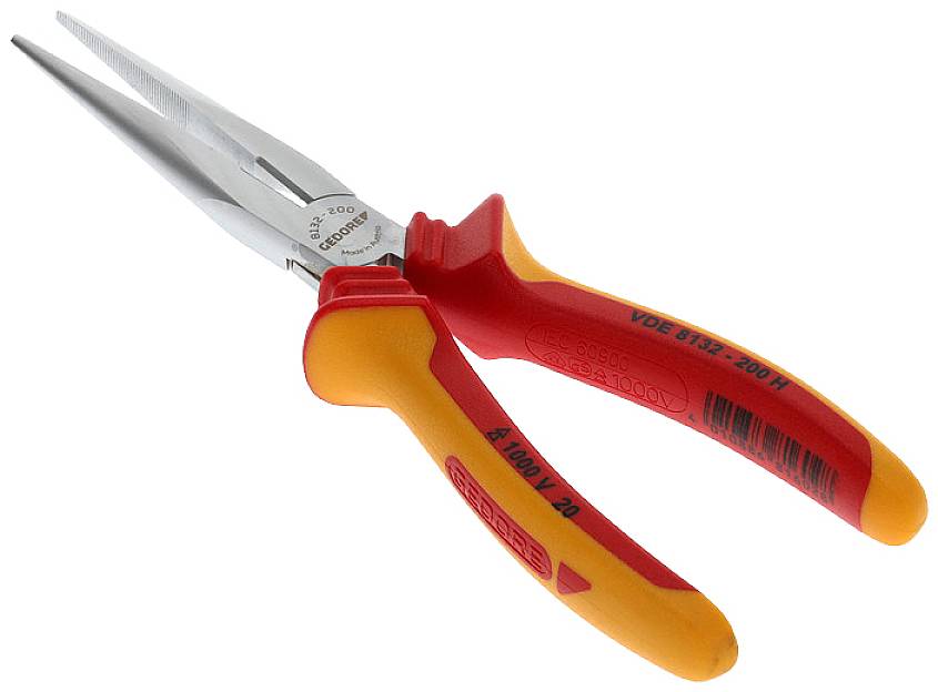 Red and orange pliers with insulated handles, suitable for work with voltages up to 1000 volts.