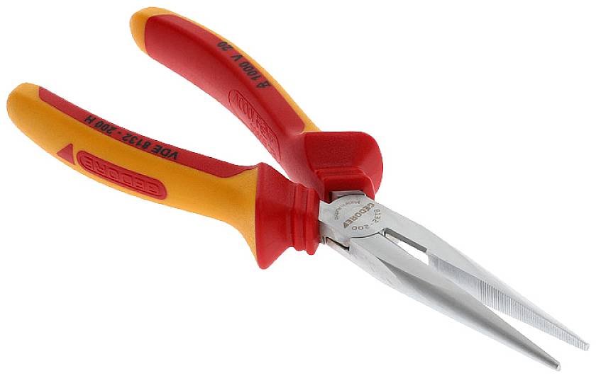 A red and yellow pointed pliers with insulated handles. It is suitable for precision work and has a long metal tip.