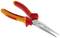 A red and yellow pointed pliers with insulated handles. It is suitable for precision work and has a long metal tip.