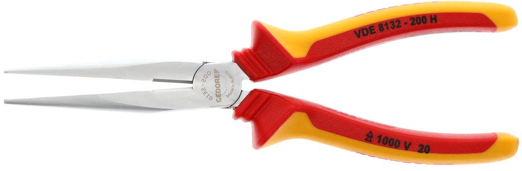 A red and yellow pointed pliers with insulated handles, suitable for work up to 1000 volts.
