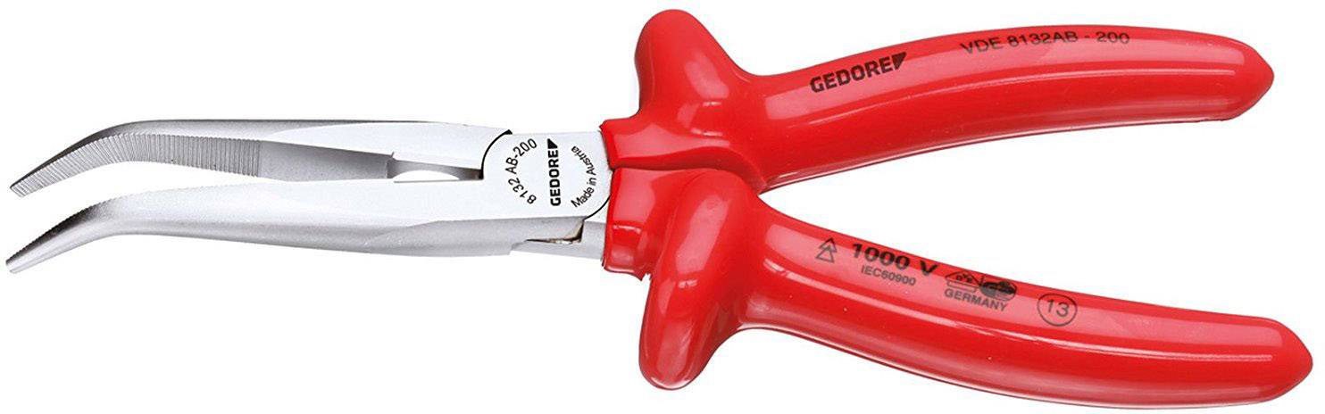 A red VDE-pointed pliers with insulated handles and curved tips, suitable for work up to 1000V.