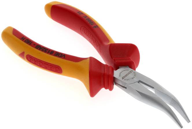 A red and yellow pair of pliers with narrow, pointed jaws. Ideal for precise gripping and cutting of wires or small components.