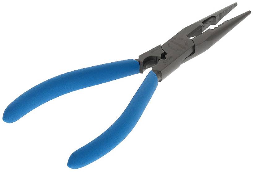 A pair of pliers with blue handles, suitable for gripping and holding objects, on a white background.