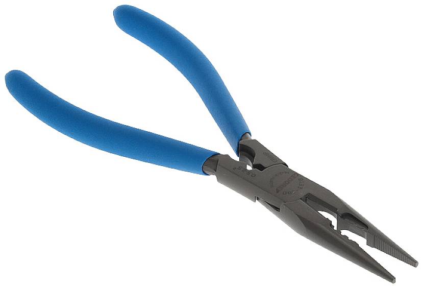 The image depicts a pair of pliers with blue handles and a pointed, serrated front section, suitable for precision mechanical work.