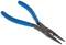 The image depicts a pair of pliers with blue handles and a pointed, serrated front section, suitable for precision mechanical work.