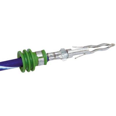 Close-up of a crimp contact with a green insulator and silver contact pin protruding from a purple cable.