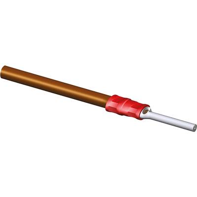 A brown pencil with a red and white tip showing a metallic contact.