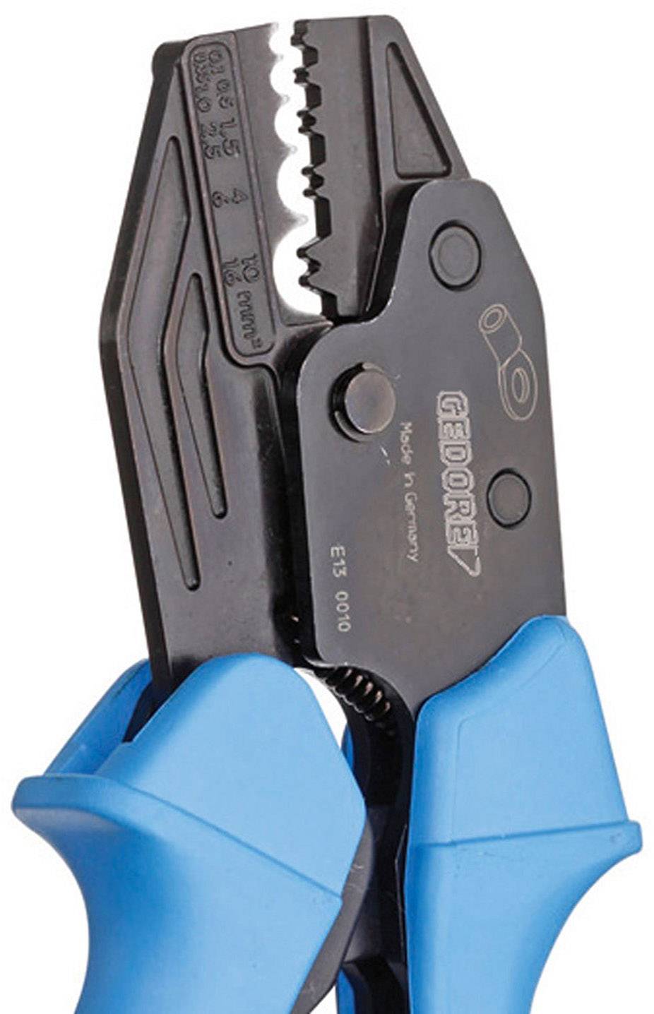 Crimping pliers with blue handles, specified for cables with 0.5 to 16 mm². Used for crimping electrical connections.