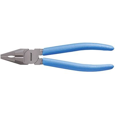 A blue combination pliers with silver gripping jaws lies against a white background.