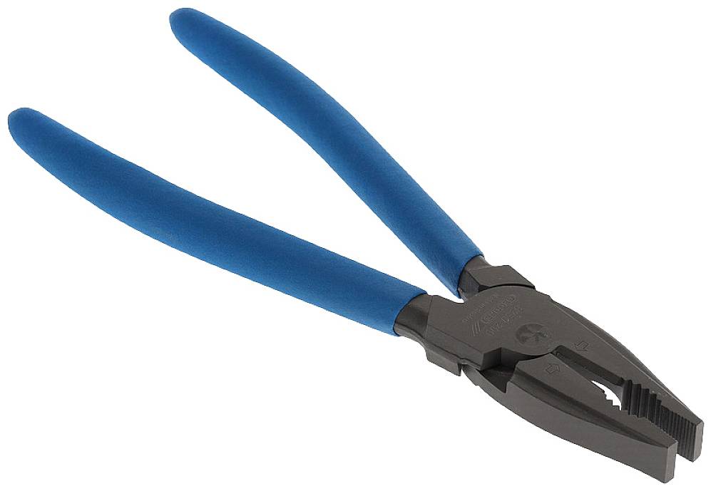 A pair of pliers with a blue handle on a white background.