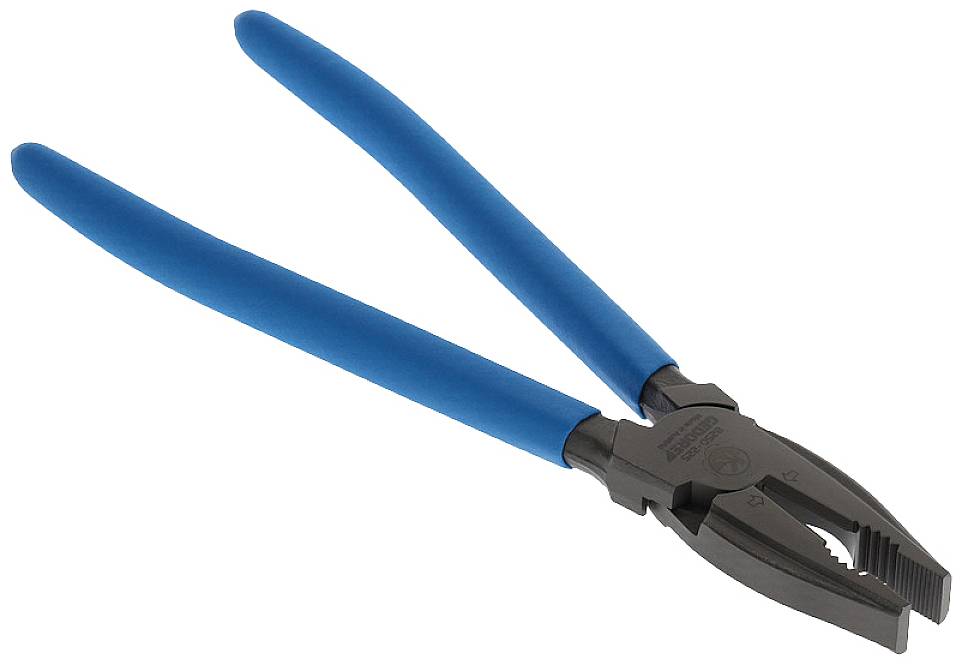 Blue-handled combination pliers with a serrated gripping area, suitable for gripping and cutting wires or other materials.