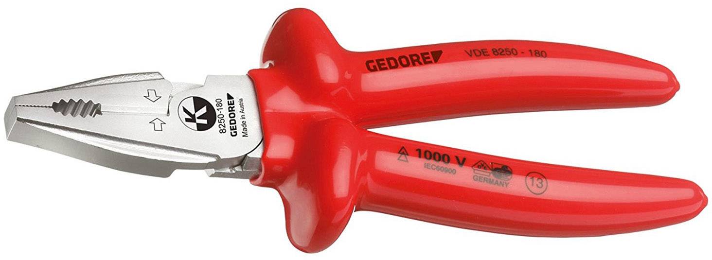 Rote isolated combination pliers with metal tips, suitable for work up to 1000 volts. 'GEDORE' brand marking on the handle.
