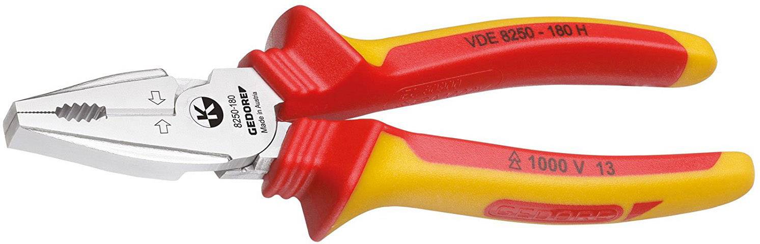 An isolated pliers with a red and yellow handle, suitable for work up to 1000 V. The pliers bear safety markings.