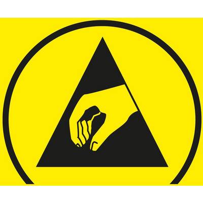 Hand with spread fingers in a black triangle, warning symbol on yellow background, indicates danger from static discharge.