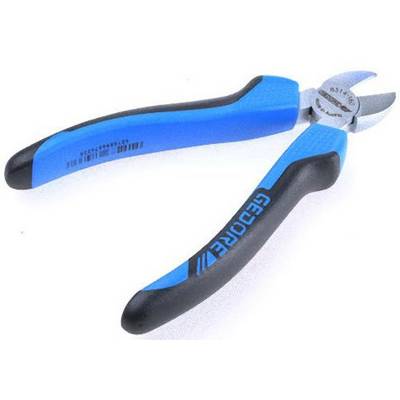 A blue and black pair of pliers is resting on a white surface. It has sharp, metallic cutting jaws and ergonomic handles.
