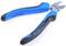A blue and black pair of pliers is resting on a white surface. It has sharp, metallic cutting jaws and ergonomic handles.