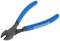 A pair of pliers with blue handles gripping a metal angle. A tool for cutting wires.