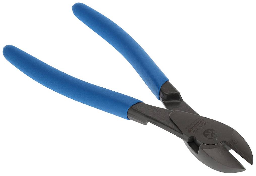 Wire cutters with blue handles, used for cutting wires. Suitable for electrical work.