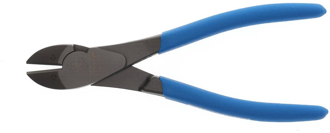 A cable cutter with a blue handle and a metal cutting blade, used for cutting through wires or cables.