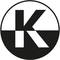 A black letter "K" in a circle, divided into two halves; upper half white, lower half black.