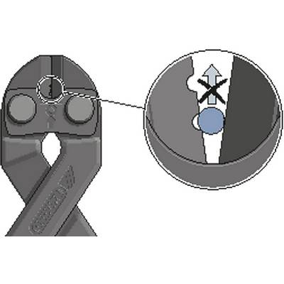 Drawing of a pair of pliers with magnification. Shows a marking for the correct positioning of the blades when cutting to prevent damage.