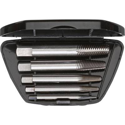 A set of six silver spiral drill bits in different sizes in a black storage box.