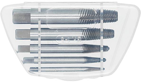 A clear plastic case containing five metallic screw extractors of varying sizes, used for removing broken screws or bolts.