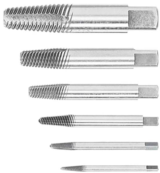 Seven metal taps of varying sizes are aligned vertically, each with ridged, threaded ends used for cutting threads inside holes.