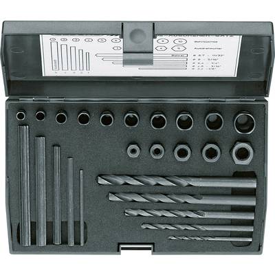 'Drill bit set in black box with various sizes of spiral drill bits and attachments, suitable for metal and wood drilling.'