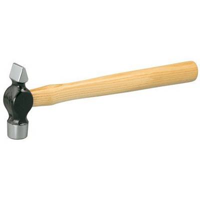 A mallet with a wooden handle, featuring a black steel head with a spherical side and a flat metal surface on the other, suitable for metalworking.