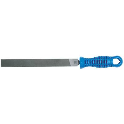 A long, flat file with a blue, ribbed handle.