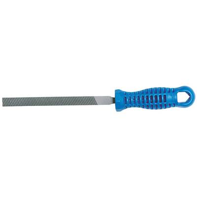 A metal file with a blue plastic handle, suitable for precision grinding of metal surfaces.