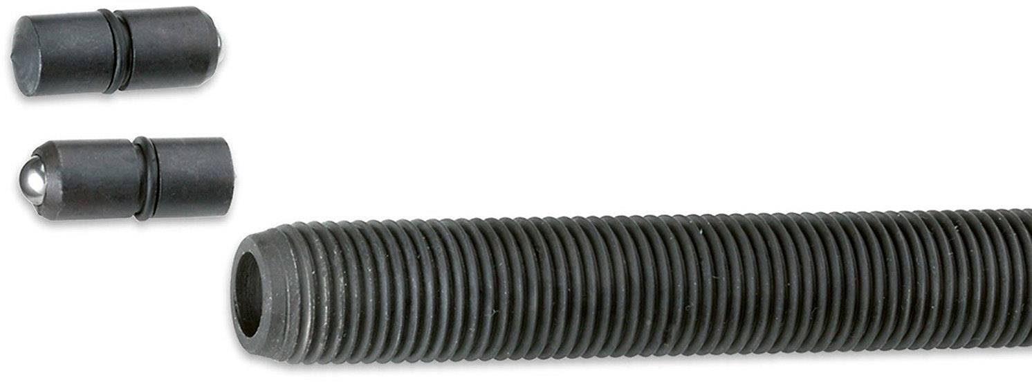 A grub screw with a side entry, alongside two smaller side sections showing the screw head and the end.