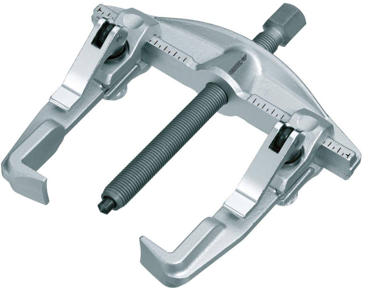 A silver two-arm puller for removing bearings or gears from a shaft, suitable for mechanical repair work.