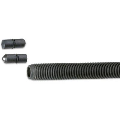 Long, black, ribbed metal tube with two separated, short cylindrical sections at the top left. Technical components.