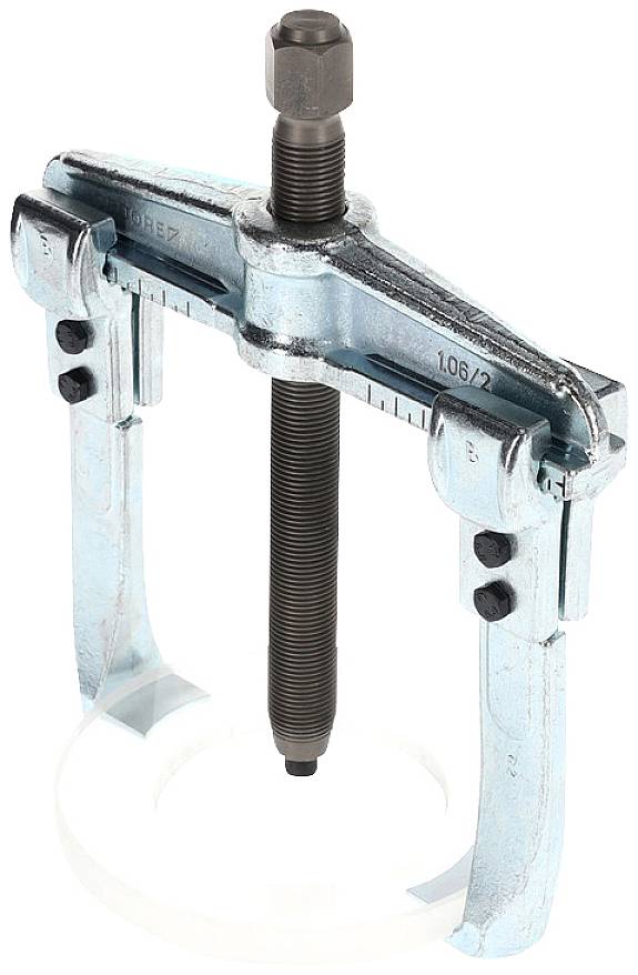 Two-armed metal puller for removing bearings or gears from a shaft, with a central screw mechanism.