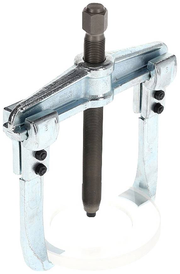 A silver two-arm puller, suitable for removing stuck gears or bearings, against a white background.