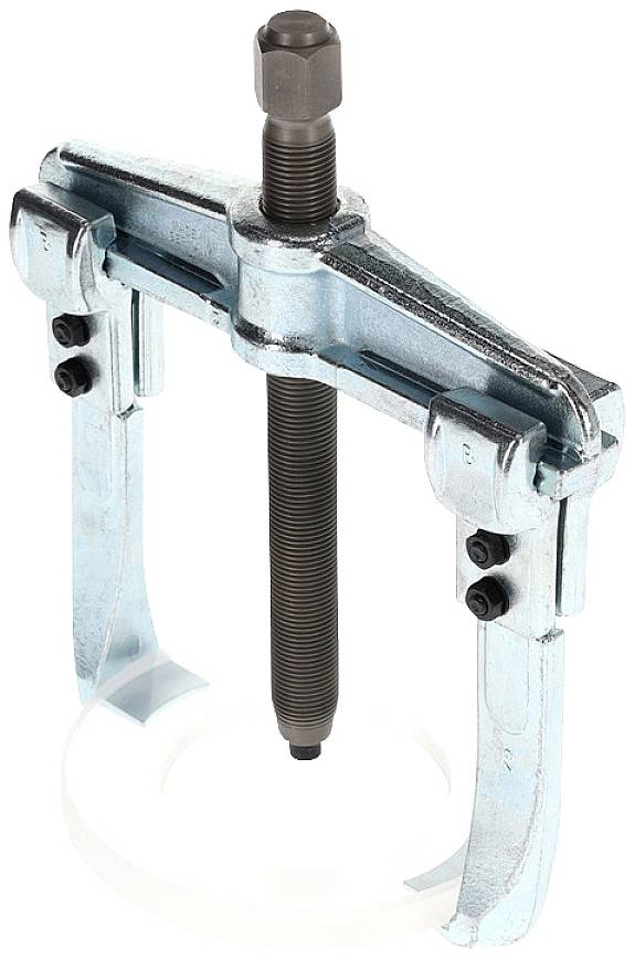 A silver gripper with two grabbing arms brought together by a central screw, set against a white background.